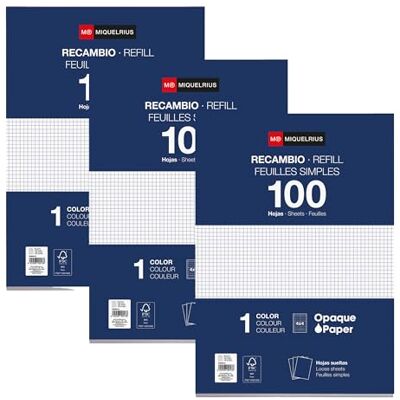 Miquelrius Reservblock, 300 rutade lösa ark 4 mm, ogenomskinligt papper 90 g/m², påfyllningsblock för A4-ark för pärm eller arkivskåp, skolmaterial för skolstart till skolan Miquelrius Reservblock, 300 rutade lösa ark 4 mm, ogenomskinligt papper 90 g/m², påfyllningsblock för A4-ark för pärm eller arkivskåp, skolmaterial för skolstart till skolan