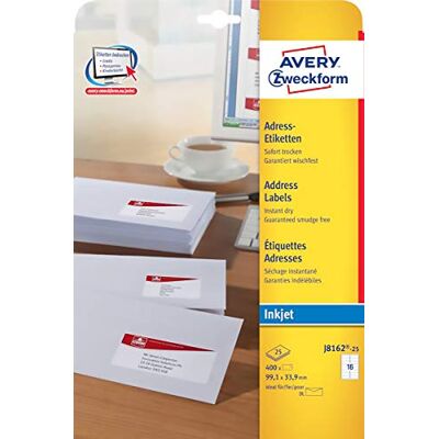 Avery Syftform J8162-25 adressetiketter/adressetiketter (tryckt, självhäftande, för DIN långa kuvert, pappersmatta, för bläckstråleskrivare, 400 etiketter på 25 ark) vit Format 99,1 x 33,9 mm Vit Avery Syftform J8162-25 adressetiketter/adressetiketter (tryckt, självhäftande, för DIN långa kuvert, pappersmatta, för bläckstråleskrivare, 400 etiketter på 25 ark) vit Format 99,1 x 33,9 mm Vit