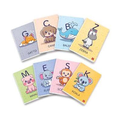Pigna , Anteckningsbok A Like Animal Blank Paint Paper, A4 21 x 29,7 cm, 42 ark, 80 g/m², randiga ark med marginaler för tredje klass, blandade omslag, paket med 10 Pigna , Anteckningsbok A Like Animal Blank Paint Paper, A4 21 x 29,7 cm, 42 ark, 80 g/m², randiga ark med marginaler för tredje klass, blandade omslag, paket med 10