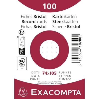 Exacompta Ref. 10700SE kartong med 40 förpackningar med 100 ark under film operforerade bristol prickar format 74 x 105 mm Clairefontaine papper PEFC-certifierat vit färg Exacompta Ref. 10700SE kartong med 40 förpackningar med 100 ark under film operforerade bristol prickar format 74 x 105 mm Clairefontaine papper PEFC-certifierat vit färg