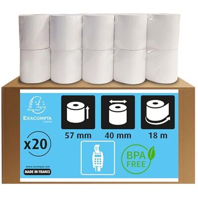 Exacompta Ref. 40751E Låda med 20 rullar för kreditkortsbiljetter bredd 57 mm x diameter 40 mm 12 mm kärna 1 termisk ply 55g/m² utan BpA Längd (+ eller 2m) : 18 m Vit Exacompta Ref. 40751E Låda med 20 rullar för kreditkortsbiljetter bredd 57 mm x diameter 40 mm 12 mm kärna 1 termisk ply 55g/m² utan BpA Längd (+ eller 2m) : 18 m Vit