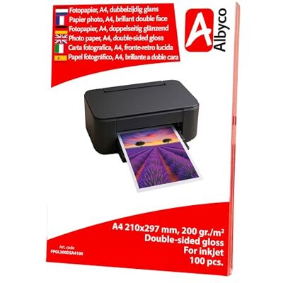 Albyco bläckstråleskrivare fotopapper, A4/21 x 29,7 cm, glansigt, 200 gr/m², dubbelsidigt förpackat, 100 ark. Albyco bläckstråleskrivare fotopapper, A4/21 x 29,7 cm, glansigt, 200 gr/m², dubbelsidigt förpackat, 100 ark.