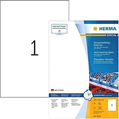 HERMA Självhäftande filmetiketter, 1 etikett per A4-ark, 80 ark, 210 x 297 mm, 80 etiketter, tomma väderbeständiga etiketter klistermärken, klibbiga etiketter för laser och bläckstråleskrivare, vit HERMA Självhäftande filmetiketter, 1 etikett per A4-ark, 80 ark, 210 x 297 mm, 80 etiketter, tomma väderbeständiga etiketter klistermärken, klibbiga etiketter för laser och bläckstråleskrivare, vit