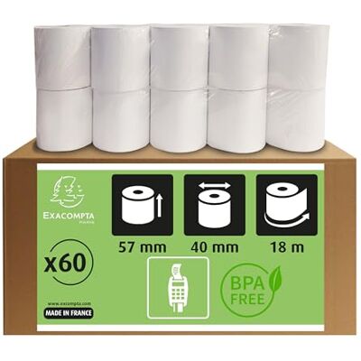 Exacompta Ref 40753E Låda med 60 rullar för kreditkort bredd 57 mm x diameter 40 mm 12 mm kärna 1 termiskt skikt 55 g/m² Fenolfri Längd (+/-2m): 18 m Vit Exacompta Ref 40753E Låda med 60 rullar för kreditkort bredd 57 mm x diameter 40 mm 12 mm kärna 1 termiskt skikt 55 g/m² Fenolfri Längd (+/-2m): 18 m Vit