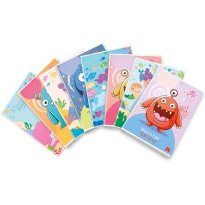 Pigna , Monster Galaxy anteckningsbok, glänsande lackskydd, A4 21 x 29,7 cm, 42 ark 80 g/m², randiga ark med marginaler för tredje klass, blandade omslag, 10-pack Pigna , Monster Galaxy anteckningsbok, glänsande lackskydd, A4 21 x 29,7 cm, 42 ark 80 g/m², randiga ark med marginaler för tredje klass, blandade omslag, 10-pack