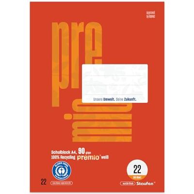 Staufen premio skolblock – 5 häften vardera, 50 ark, DIN A4, linjering 22 (5 mm rutig), 4-vägs perforering, 90 g/m² återvunnet papper Staufen premio skolblock – 5 häften vardera, 50 ark, DIN A4, linjering 22 (5 mm rutig), 4-vägs perforering, 90 g/m² återvunnet papper