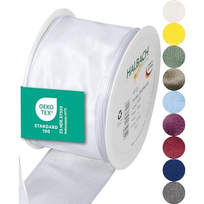 Halbach sidenband premium presentband med trådkant bredd 60 mm längd 25 m Öko-Tex 100 certifierat band Taftband Made in Germany, färg: vit Halbach sidenband premium presentband med trådkant bredd 60 mm längd 25 m Öko-Tex 100 certifierat band Taftband Made in Germany, färg: vit