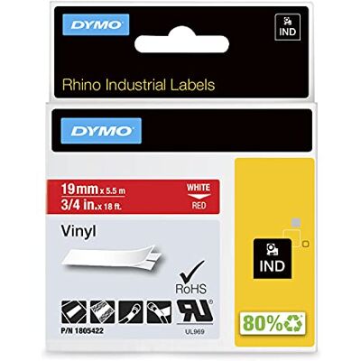 Dymo Industriella Rhino-vinyletiketter 19 mm × 5,5 m Vit text på röd tejp Självhäftande För Rhino- och LabelManager-etikettskrivare Dymo Industriella Rhino-vinyletiketter 19 mm × 5,5 m Vit text på röd tejp Självhäftande För Rhino- och LabelManager-etikettskrivare