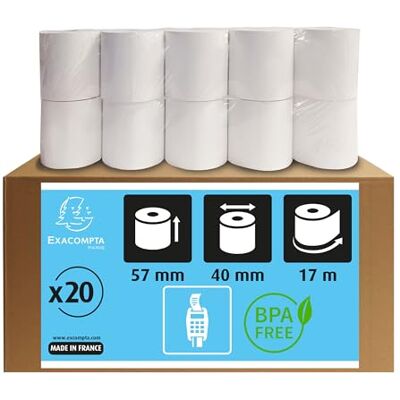 Exacompta Ref. 5740100SE Förpackning med 20 rullar för kreditkortsbiljetter bredd 57 mm x diameter 40 mm 12 mm kärna 1 termisk ply 55g/m² Meterstorlek (+ eller 2m) : 17 m Vit Exacompta Ref. 5740100SE Förpackning med 20 rullar för kreditkortsbiljetter bredd 57 mm x diameter 40 mm 12 mm kärna 1 termisk ply 55g/m² Meterstorlek (+ eller 2m) : 17 m Vit
