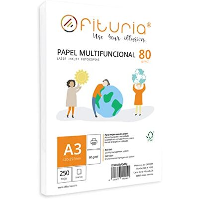 OFITURIA 80gr A3-foliopaket med 250 vita ark, multifunktionellt papper för skolanvändning och arbetsmiljöer. Perfekt för laserskrivare, injektions- eller kopieringsmaskiner Offyuria OFITURIA 80gr A3-foliopaket med 250 vita ark, multifunktionellt papper för skolanvändning och arbetsmiljöer. Perfekt för laserskrivare, injektions- eller kopieringsmaskiner Offyuria