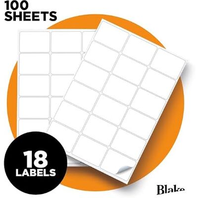 Blake Purely Labels, 18 per A4-ark, förpackning med 100 ark, 1770 totalt, självhäftande vanliga adressskrivaretiketter, lämplig för digitala skrivare 63,5 x 46,6 mm Blake Purely Labels, 18 per A4-ark, förpackning med 100 ark, 1770 totalt, självhäftande vanliga adressskrivaretiketter, lämplig för digitala skrivare 63,5 x 46,6 mm