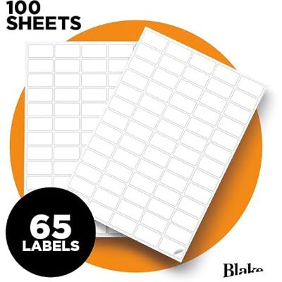 Blake Purely Labels, 65 per A4-ark, förpackning med 100 ark, 6500 totalt, självhäftande etiketter för vanliga adressskrivaretiketter, lämplig för digitala skrivare 38,1 x 22,2 mm Blake Purely Labels, 65 per A4-ark, förpackning med 100 ark, 6500 totalt, självhäftande etiketter för vanliga adressskrivaretiketter, lämplig för digitala skrivare 38,1 x 22,2 mm