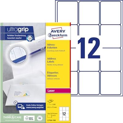 Avery L7164-100 Adressetiketter, 63,5 x 72 mm, 1.200 Etiketter, Vit Avery L7164-100 Adressetiketter, 63,5 x 72 mm, 1.200 Etiketter, Vit