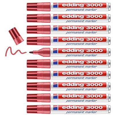 edding 3000 Permanentmarkör – karmin-röd – 10 pennor – rund spets 1,5–3 mm – snabbtorkande permanent markör – vattentät, torkbeständig – för kartong, plast, trä, metall – universalmarkörer edding 3000 Permanentmarkör – karmin-röd – 10 pennor – rund spets 1,5–3 mm – snabbtorkande permanent markör – vattentät, torkbeständig – för kartong, plast, trä, metall – universalmarkörer