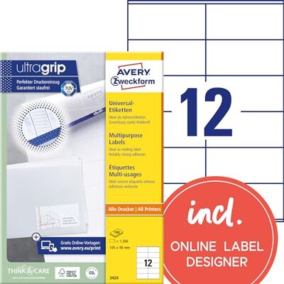 Avery 3424 Universaletiketter, 105 x 48 mm, 1.200 Etiketter, Vit Avery 3424 Universaletiketter, 105 x 48 mm, 1.200 Etiketter, Vit