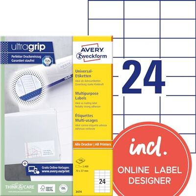Avery 3474 Universaletiketter, 70 x 37 mm, 2.400 Etiketter, Vit Avery 3474 Universaletiketter, 70 x 37 mm, 2.400 Etiketter, Vit