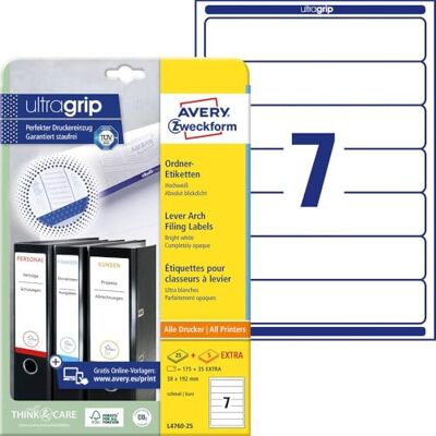 Avery Dennison L4760-25 Arkivetiketter, 25 ark 192 x 38mm, Vit Avery Dennison L4760-25 Arkivetiketter, 25 ark 192 x 38mm, Vit