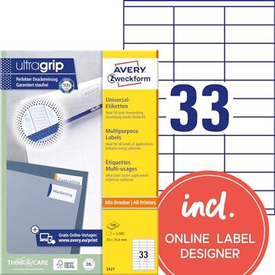 Avery 3421 Universaletiketter, 70 x 25,4 mm, 3.300 Etiketter, Vit Avery 3421 Universaletiketter, 70 x 25,4 mm, 3.300 Etiketter, Vit