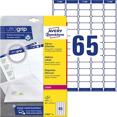 Avery Specialform L7651-25 adressetiketter/adressetiketter (A4, med ultragrip (38,1 x 21,2 mm, 25 ark, tryckt, självhäftande, 1,625 etiketter, idealiska som avsändaretiketter) vit Avery Specialform L7651-25 adressetiketter/adressetiketter (A4, med ultragrip (38,1 x 21,2 mm, 25 ark, tryckt, självhäftande, 1,625 etiketter, idealiska som avsändaretiketter) vit