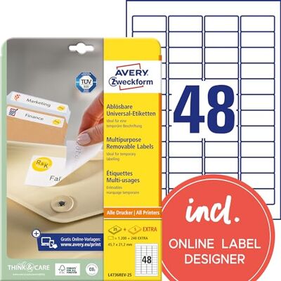 Avery L4736REV-25 Universaletiketter, 45,7 x 21,2 mm, 1.440 Etiketter, Vit Avery L4736REV-25 Universaletiketter, 45,7 x 21,2 mm, 1.440 Etiketter, Vit