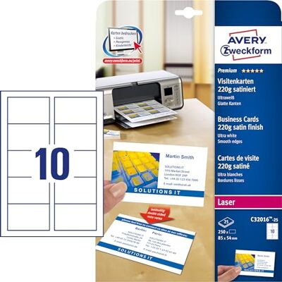 Avery C32016-25 Premium visitkort, 85 x 54 mm, dubbelsidig beläggning, 220 g/m², 250 Kort Avery C32016-25 Premium visitkort, 85 x 54 mm, dubbelsidig beläggning, 220 g/m², 250 Kort