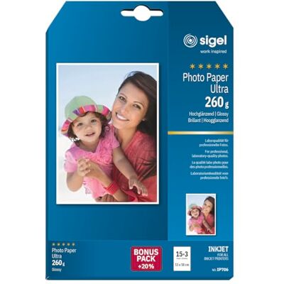 Sigel IP706 InkJet-fotopapper Ultra, 13 x 18 cm, 15 + 3 ark gratis, starkt glänsande, extremt ljusbeständig, 260 g Sigel IP706 InkJet-fotopapper Ultra, 13 x 18 cm, 15 + 3 ark gratis, starkt glänsande, extremt ljusbeständig, 260 g