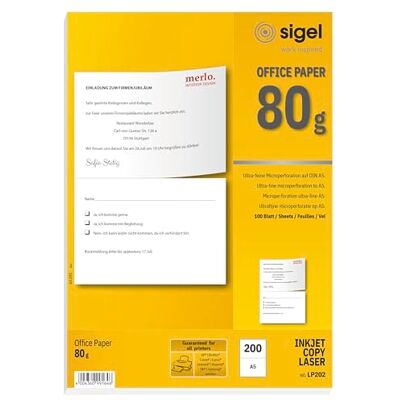 Sigel LP202 speciellt mikroperforerat multifunktionellt kontorspapper, vit, A5/A4, 80 gsm, 100 A4-ark = 200 A5-ark Sigel LP202 speciellt mikroperforerat multifunktionellt kontorspapper, vit, A5/A4, 80 gsm, 100 A4-ark = 200 A5-ark