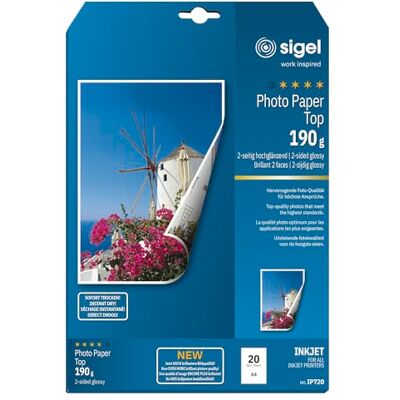 Sigel IP720 InkJet fotopapper topp, A4, 20 ark, 2 sidor högblankt, vitt, tryck på båda sidor, 190 g Sigel IP720 InkJet fotopapper topp, A4, 20 ark, 2 sidor högblankt, vitt, tryck på båda sidor, 190 g