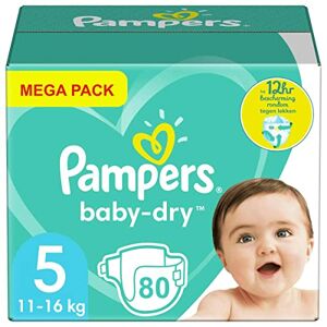Pampers Baby-Dry Storlek 5, upp till 12 Timmars Skydd för Spädbarn 11-16kg 80 Bitar