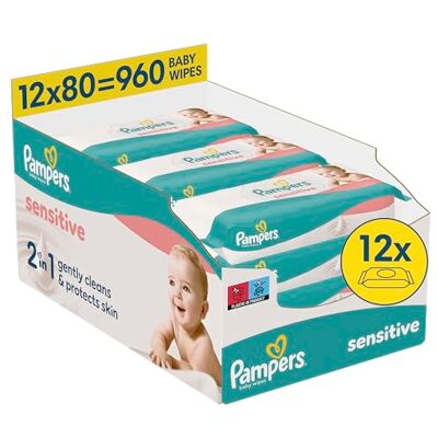 Pampers känsliga babyvåtservetter, 12-pack med 80 våtservetter = 960 babyvåtservetter, 2-i-1 mild rengöring och hudskydd Pampers känsliga babyvåtservetter, 12-pack med 80 våtservetter = 960 babyvåtservetter, 2-i-1 mild rengöring och hudskydd