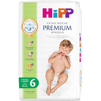 HiPP Extra mjuka premiumblöjor storlek 6 (extra stor, 13 kg), 80 stycken (2 förpackningar med 40), med 3-vägs läckageskydd och Duo hudskydd HiPP Extra mjuka premiumblöjor storlek 6 (extra stor, 13 kg), 80 stycken (2 förpackningar med 40), med 3-vägs läckageskydd och Duo hudskydd