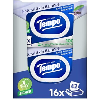 Tempo Toalettpapper, fuktigt, Natural Skin Balance, (16 förpackningar x 42 ark vardera), storpack Tempo Toalettpapper, fuktigt, Natural Skin Balance, (16 förpackningar x 42 ark vardera), storpack