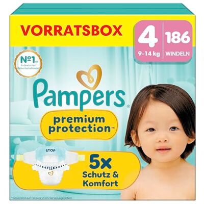 Pampers Premium Protection storlek 4, 186 blöjor, 9–14 kg vårt nr 1 hud- och läckageskydd Pampers Premium Protection storlek 4, 186 blöjor, 9–14 kg vårt nr 1 hud- och läckageskydd