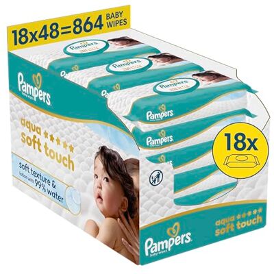 Pampers Aqua Soft Touch Baby våtservetter 18 förpackningar med 48 våtservetter = 864 baby våtservetter, mjuk konsistens och lotion med 99% vatten Pampers Aqua Soft Touch Baby våtservetter 18 förpackningar med 48 våtservetter = 864 baby våtservetter, mjuk konsistens och lotion med 99% vatten