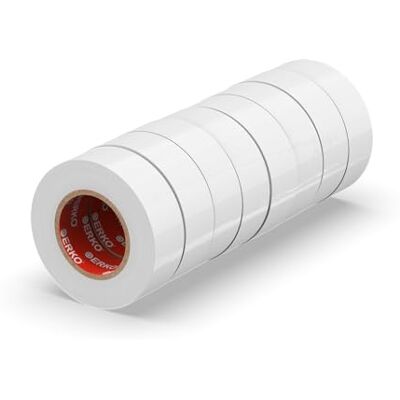 ERKO Isoleringstejp 19 mm x 20 m Vit 8 stycken för elektriska kablar, Hög flexibilitet och självhäftande kraft, isoleringstejp, tätningstejp ERKO Isoleringstejp 19 mm x 20 m Vit 8 stycken för elektriska kablar, Hög flexibilitet och självhäftande kraft, isoleringstejp, tätningstejp