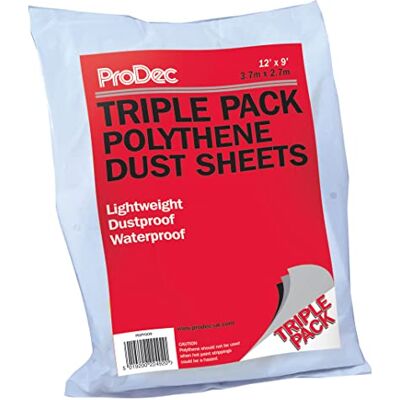 ProDec Trippelförpackning 12' x 9' lätt dammduk av polyeten, dammtät och vattentät Idealisk för att täcka och skydda golv och möbler från spill och stänk vid målning och dekorering ProDec Trippelförpackning 12' x 9' lätt dammduk av polyeten, dammtät och vattentät Idealisk för att täcka och skydda golv och möbler från spill och stänk vid målning och dekorering