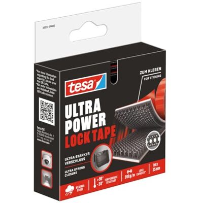 tesa Ultra Power Lock Tape – självhäftande kardborreband med extremt starkt kardborreband – väderbeständig, UV- och temperaturbeständig – tejp för inomhus- och utomhusbruk – 1 rulle – 10 m x 25 mm tesa Ultra Power Lock Tape – självhäftande kardborreband med extremt starkt kardborreband – väderbeständig, UV- och temperaturbeständig – tejp för inomhus- och utomhusbruk – 1 rulle – 10 m x 25 mm