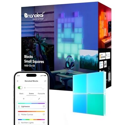 Nanoleaf Förlängningsset för block, 4 minigårder (kräver stänklampa), RGBW-dekorativa väggpaneler, diffust ljus, justerbar färgtemperatur från 2 700 K till 6 500 K (11,6 x 11,6 cm vardera) Nanoleaf Förlängningsset för block, 4 minigårder (kräver stänklampa), RGBW-dekorativa väggpaneler, diffust ljus, justerbar färgtemperatur från 2 700 K till 6 500 K (11,6 x 11,6 cm vardera)