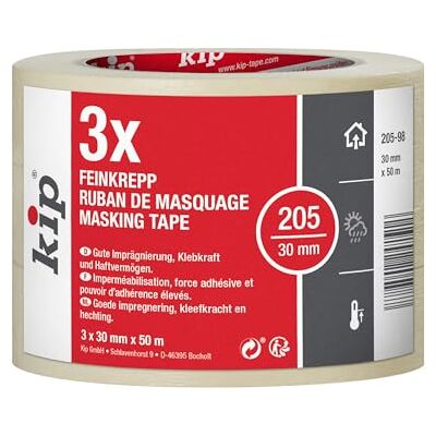 Kip Tape 205-98 finkräpp – professionellt målarbrapp – impregnerat maskeringstejp för målning och målning – 3 rullar per 30 mm x 50 m Kip Tape 205-98 finkräpp – professionellt målarbrapp – impregnerat maskeringstejp för målning och målning – 3 rullar per 30 mm x 50 m