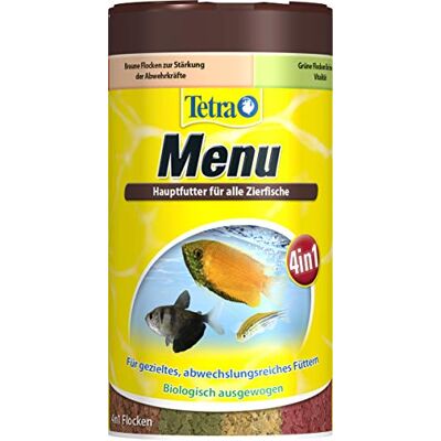 Tetra Min Menu Fiskfoder – huvudfoderblandning med 4 specialflingor i separata kammare, varierat foder för alla prydnadsfiskar, 250 ml burk Tetra Min Menu Fiskfoder – huvudfoderblandning med 4 specialflingor i separata kammare, varierat foder för alla prydnadsfiskar, 250 ml burk