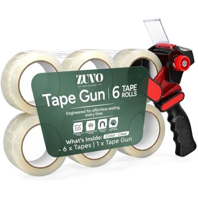 Zuvo Packtejphållare med tejprullar, 6 rullar, 48 mm x 66 m, transparent Robust tejppistol med ergonomiskt grepp för flyttlådor, frakt, lager, kontor och daglig packning Zuvo Packtejphållare med tejprullar, 6 rullar, 48 mm x 66 m, transparent Robust tejppistol med ergonomiskt grepp för flyttlådor, frakt, lager, kontor och daglig packning