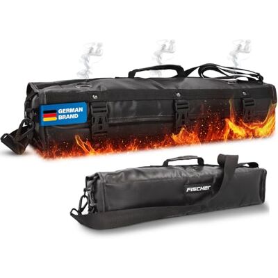 Fischer Brandskyddsväska för litiumbatterier, brandsäkert säkerhetsbox upp till 1 000 °C, DIN EN ISO 6940-testad, med kabelgenomsläpp, avlastning av rökgaser och bärrem, för elcykel, elscooter och Fischer Brandskyddsväska för litiumbatterier, brandsäkert säkerhetsbox upp till 1 000 °C, DIN EN ISO 6940-testad, med kabelgenomsläpp, avlastning av rökgaser och bärrem, för elcykel, elscooter och