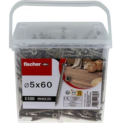 fischer Hink med 500 terrassskruvar 5 x 60 i rostfritt stål A2, korrosionsbeständigt rostfritt stål fischer Hink med 500 terrassskruvar 5 x 60 i rostfritt stål A2, korrosionsbeständigt rostfritt stål