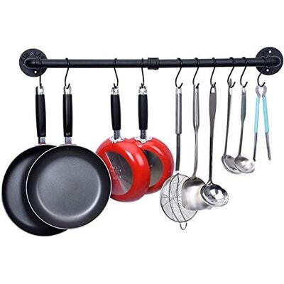 WuGeShop Grytställ väggmontering, pannhängare skena med 10 krokar, köksredskapsställ organisatör, kruka hängande ställ, svart WuGeShop Grytställ väggmontering, pannhängare skena med 10 krokar, köksredskapsställ organisatör, kruka hängande ställ, svart