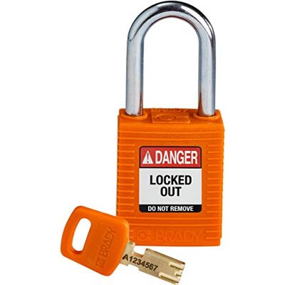 Brady SafeKey låsout hänglås nylon orange 1,5" stål shkl nyckel olika Brady SafeKey låsout hänglås nylon orange 1,5" stål shkl nyckel olika
