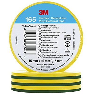 3M Temflex Vinyl elektrisk tejp 165, grön/gul, 15 mm x 10 m, 100 rullar/fodral 3M Temflex Vinyl elektrisk tejp 165, grön/gul, 15 mm x 10 m, 100 rullar/fodral