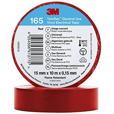 3M Temflex Vinyl elektrisk tejp 165, röd, 15 mm x 10 m, 100 rullar/fodral 3M Temflex Vinyl elektrisk tejp 165, röd, 15 mm x 10 m, 100 rullar/fodral