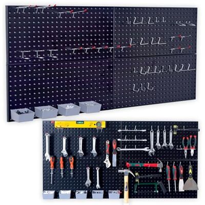 Wallmaster Pegboard organiserare, garageförvaring – 48 st set med krokar till Pegboard, Pegboard, verktygsorganiserare med 1122 x 61 cm stålpinnbräda och 4 förvaringskorgar (svart) Wallmaster Pegboard organiserare, garageförvaring – 48 st set med krokar till Pegboard, Pegboard, verktygsorganiserare med 1122 x 61 cm stålpinnbräda och 4 förvaringskorgar (svart)