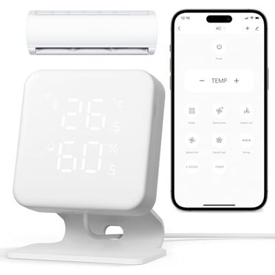 Woox Trådlös intelligent styrenhet för luftkonditionering, WiFi hemautomationstermostat, inbyggd termometer och hygrometer, IR-fjärrkontroll med APP, enkel installation, kompatibel med Alexa och Woox Trådlös intelligent styrenhet för luftkonditionering, WiFi hemautomationstermostat, inbyggd termometer och hygrometer, IR-fjärrkontroll med APP, enkel installation, kompatibel med Alexa och