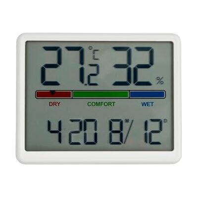 GIFTMARKET Digital inomhustermometer med hygrometer, komfortindikator, klocka och kalender, vit färg, idealisk för hemmet, ABS-material, mått 9,3 x 7,2 x 1,6 cm GIFTMARKET Digital inomhustermometer med hygrometer, komfortindikator, klocka och kalender, vit färg, idealisk för hemmet, ABS-material, mått 9,3 x 7,2 x 1,6 cm